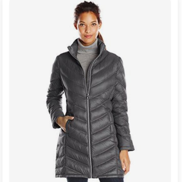NWT CALVIN KLEIN GREY CHEVRON QUILTED PACKABLE COAT SIZE 1X - Picture 1 of 6